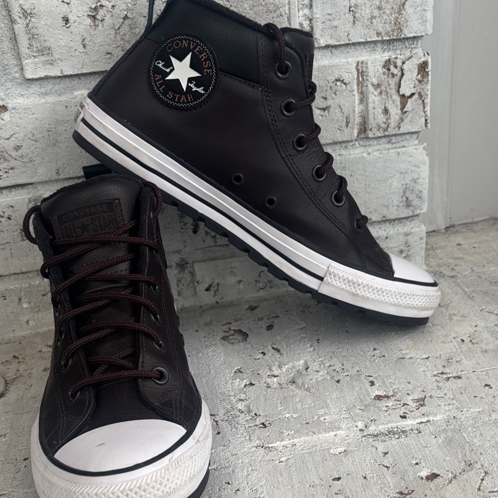 Converse Dark Brown leather High-Tops with White Soles Mens